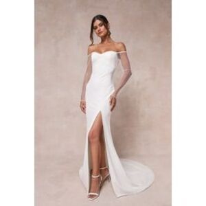Lulu's White Off-Shoulder Sheer Sleeve Slit Gown